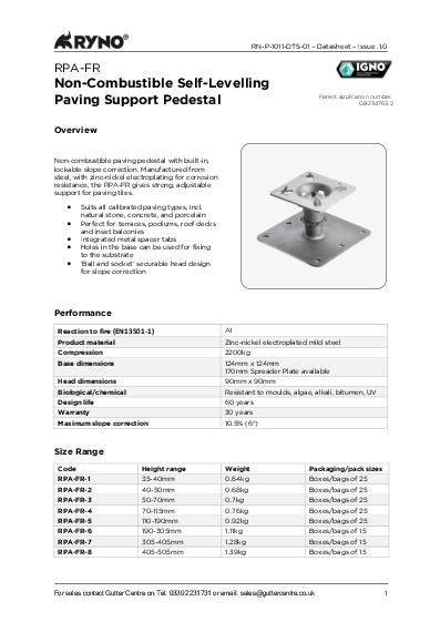 Ryno Non-Combustible Pedestals RPA Self Levelling 1011 Data Sheet